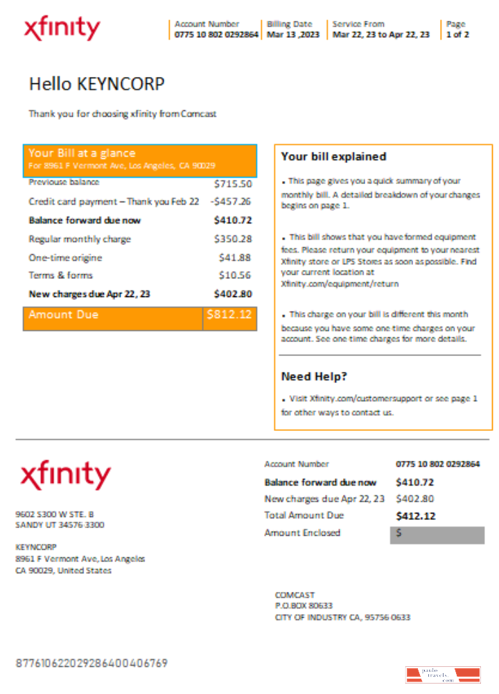 San Francisco Xfinity Comcast utility business bill SCR page 1 PSD template